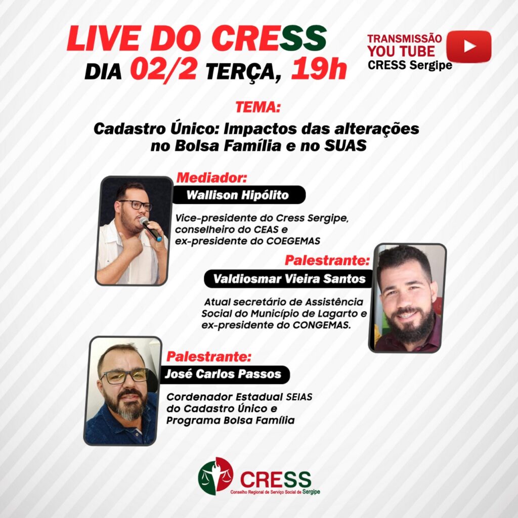 CRESS-SE realiza live “Cadastro Único: Impactos das alterações no Bolsa Família e no SUAS”